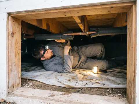 A technician wearing a headlamp lies in a crawl space, checking a dripping pipe with torn insulation.