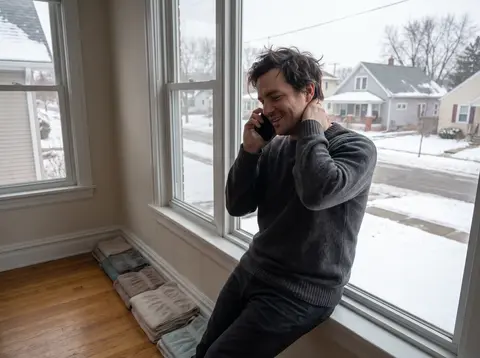 A man on the phone by a snowy window, towels lined up along a wet wall behind him.