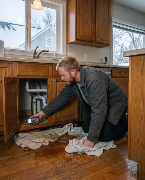 A restoration technician kneels at an open kitchen sink cabinet and checks its wet floor with a moisture meter, snow on the roof next door.