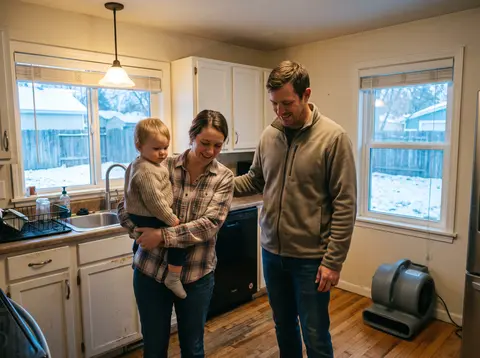 A couple holding their toddler smile in the kitchen as a fan dries the wood floor, snow outside.